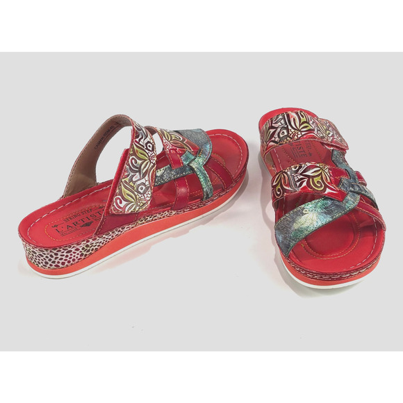 New L'Artiste Spring Step Womens Caiman Leather Wedge Slide Sandals Red 40M 9M - Picture 12 of 13